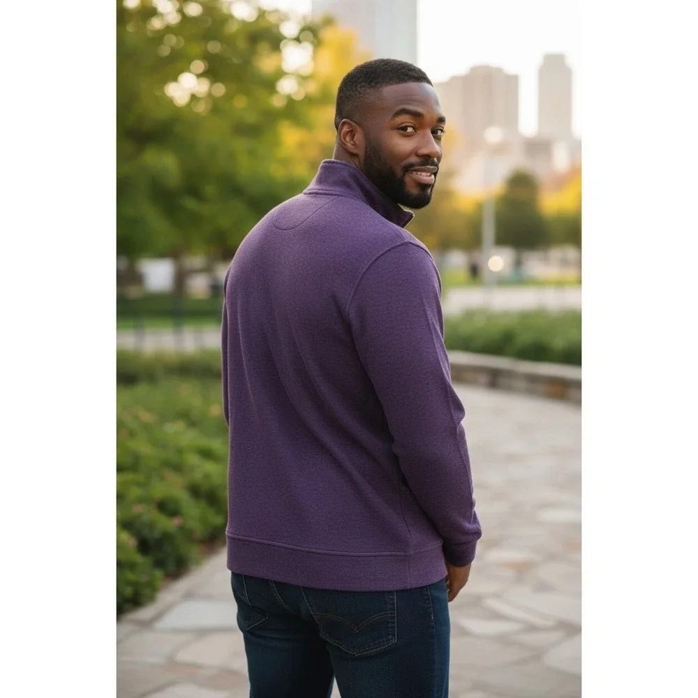 (E-191)Tommy Hilfiger Men's Pullover Sweater Large Purple 1/4 Zip‎ Cotton Casual